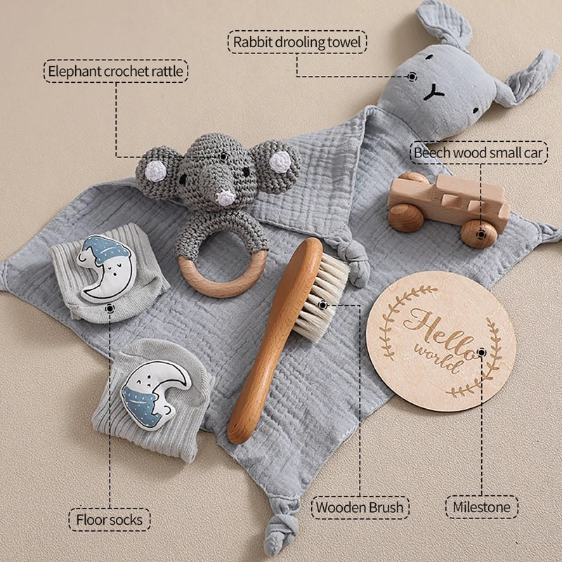 Premium Baby Gift Set – Newborn Bath Toy, Drool Towel, Wooden Rattle & More | Perfect for Baby Showers & New Parents
