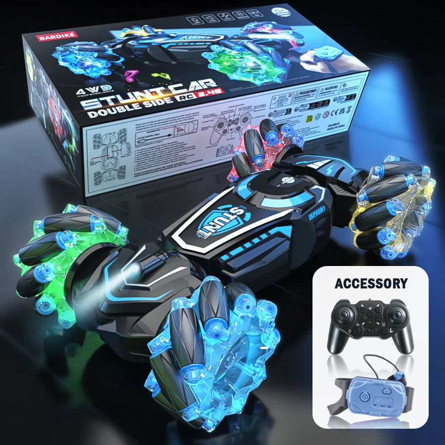 Toy car with LED lights and remote control, displayed with packaging on a dark surface.