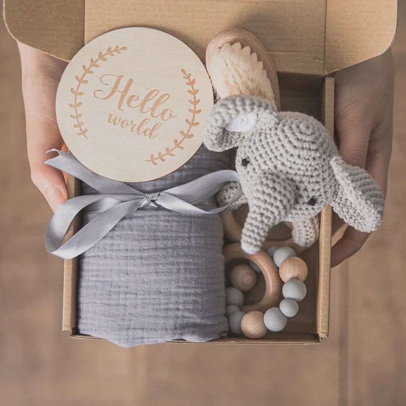 Premium Baby Gift Set – Newborn Bath Toy, Drool Towel, Wooden Rattle & More | Perfect for Baby Showers & New Parents
