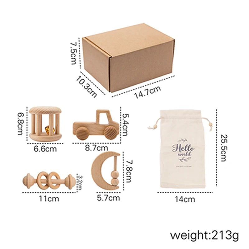 Wooden Montessori Toy Set for 0-12 Months – Baby Educational Toys with Rattle & Beech Car | Sensory Development & Comfort Gift for Newborns