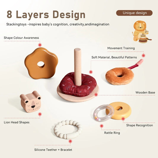 Montessori Baby Stacking Toy & Silicone Teether - Wooden Cartoon Lion Sensory Development Toy for Infants | 0-3 Years | Food-Grade Silicone Rattle Gift