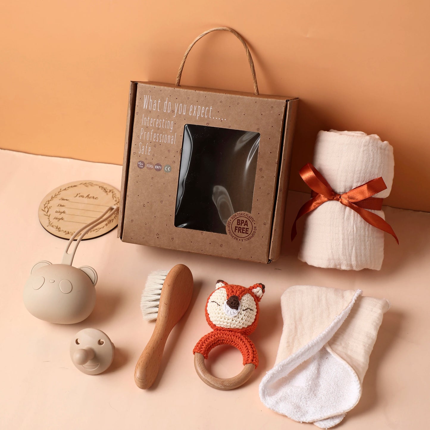 Premium Baby Gift Set – Newborn Bath Toy, Drool Towel, Wooden Rattle & More | Perfect for Baby Showers & New Parents