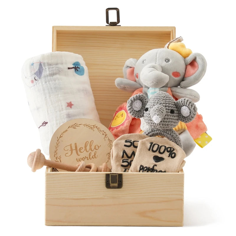 Baby Gift Set – Newborn Bath Toy, Wooden Rattle, Drool Towel, Baby Socks, Milestone Accessories & More – Unisex Newborn Essentials