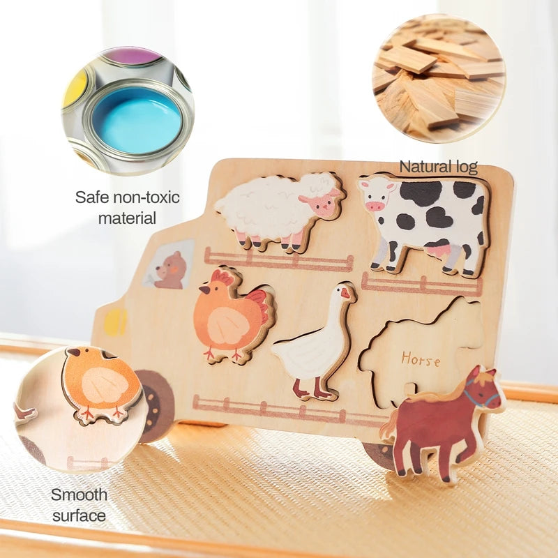Montessori Baby Puzzle Toys - Wooden Farm & Car Puzzle | Sensory Educational Toy for Toddlers | Animal & Car Shape Matching Game for Cognitive Development | Baby's First Puzzle Gift