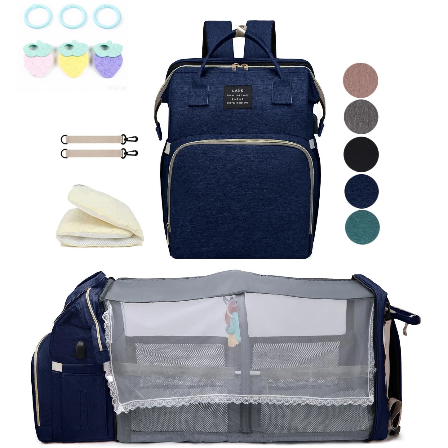 Navy blue backpack and gray changing bag with accessories on a white background