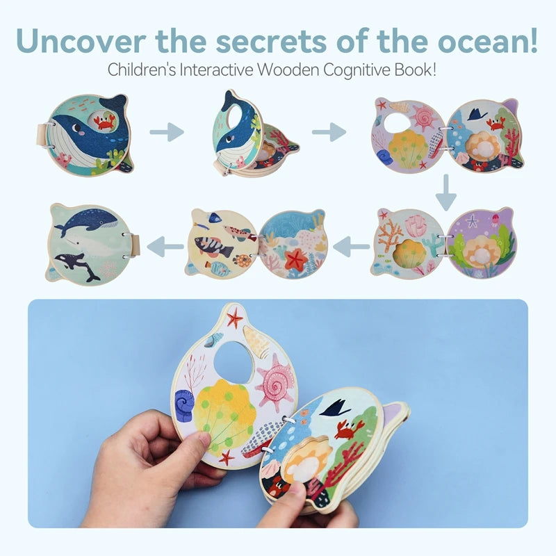 Montessori Wooden Book Toy – Ocean-Themed Cognitive Learning Toy for Toddlers | Marine Animal Educational Toy & Parent-Child Interactive Game