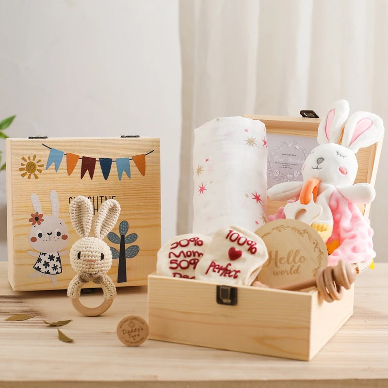 Baby Gift Set – Newborn Bath Toy, Wooden Rattle, Drool Towel, Baby Socks, Milestone Accessories & More – Unisex Newborn Essentials