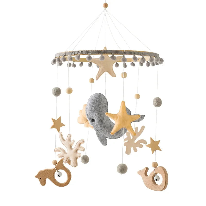 Felt Forest Animal Baby Cot Mobile with Wooden Arm – Natural Wooden Rattle Toy for Newborns