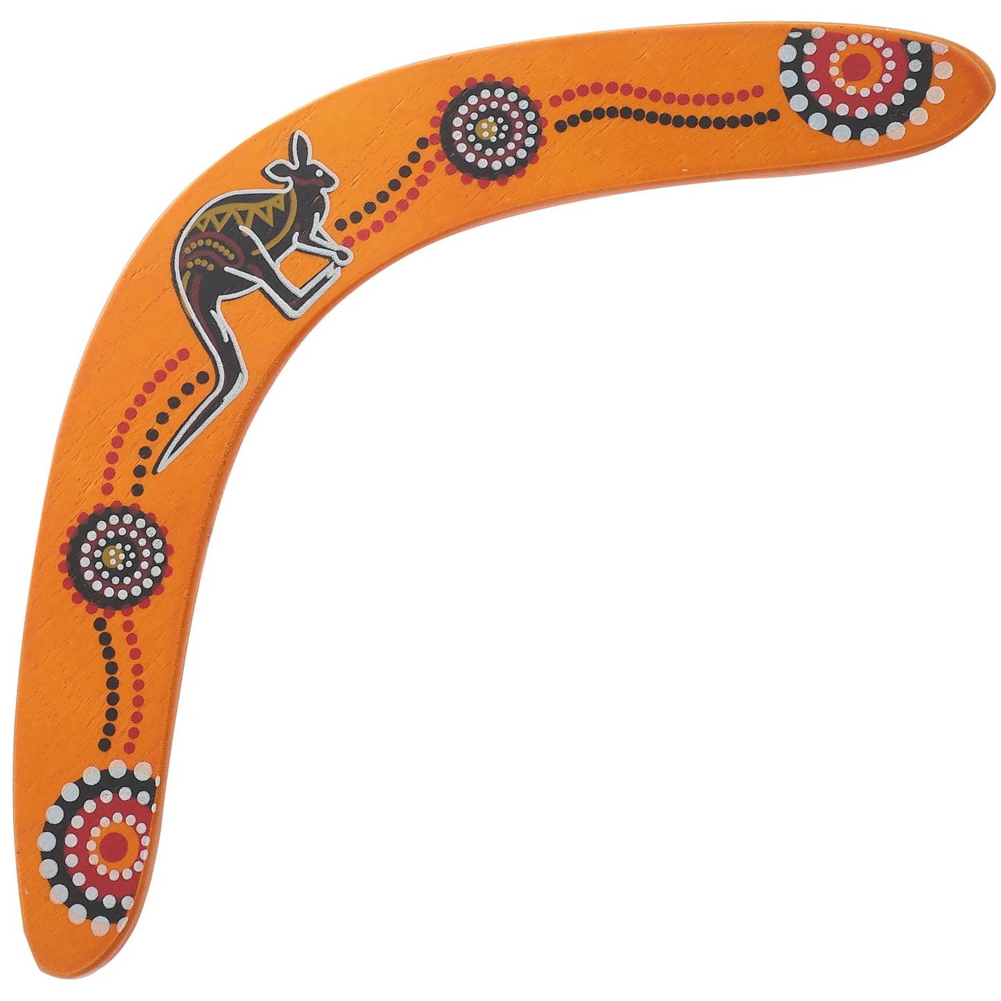 1 set Wooden Orange boomerang with kangaroo design and dot patterns. Decorative boomerang with Aboriginal art design held by a hand.