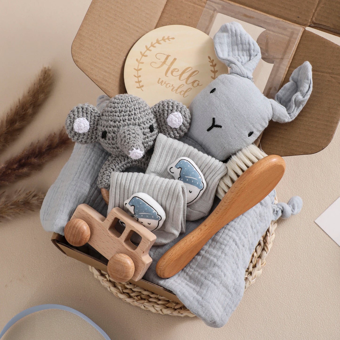 Premium Baby Gift Set – Newborn Bath Toy, Drool Towel, Wooden Rattle & More | Perfect for Baby Showers & New Parents