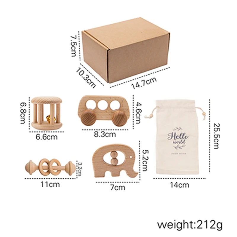 Wooden Montessori Toy Set for 0-12 Months – Baby Educational Toys with Rattle & Beech Car | Sensory Development & Comfort Gift for Newborns