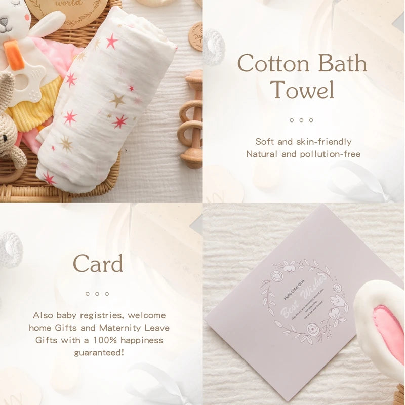 Baby Gift Set – Newborn Bath Toy, Wooden Rattle, Drool Towel, Baby Socks, Milestone Accessories & More – Unisex Newborn Essentials