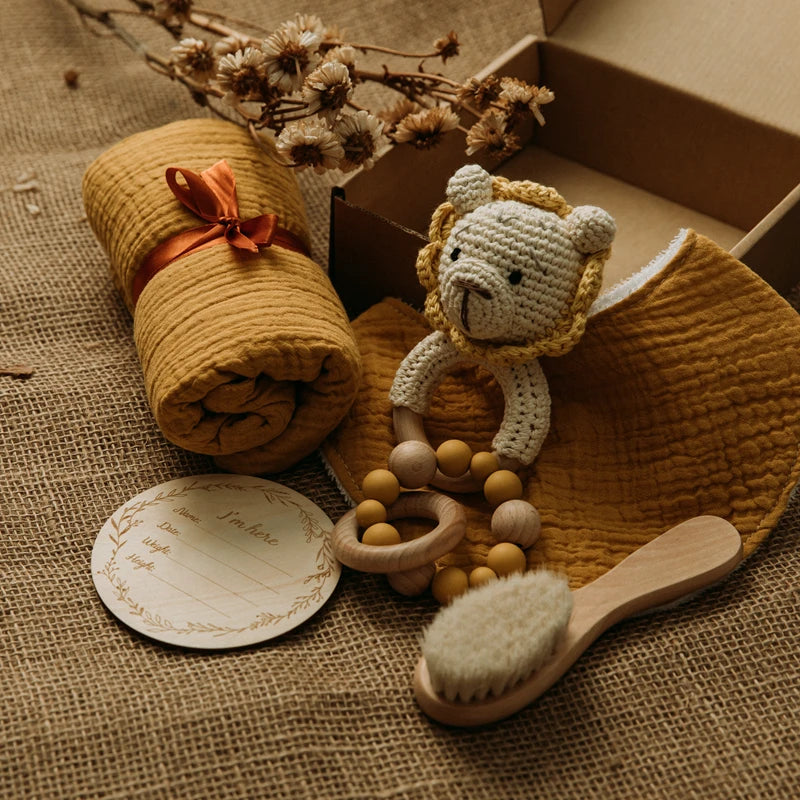 Premium Baby Gift Set – Newborn Bath Toy, Drool Towel, Wooden Rattle & More | Perfect for Baby Showers & New Parents