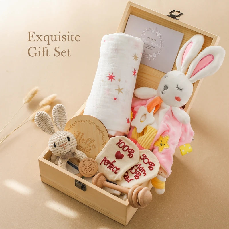 Baby Gift Set – Newborn Bath Toy, Wooden Rattle, Drool Towel, Baby Socks, Milestone Accessories & More – Unisex Newborn Essentials