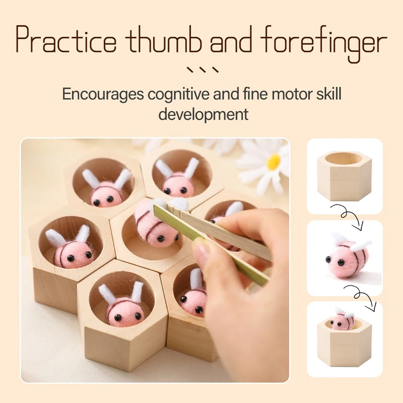 Montessori Honeycomb Wooden Bee Toy – Educational Beehive Toy with Tweezers, Color Matching, and Fine Motor Skill Development for Toddlers & Kids