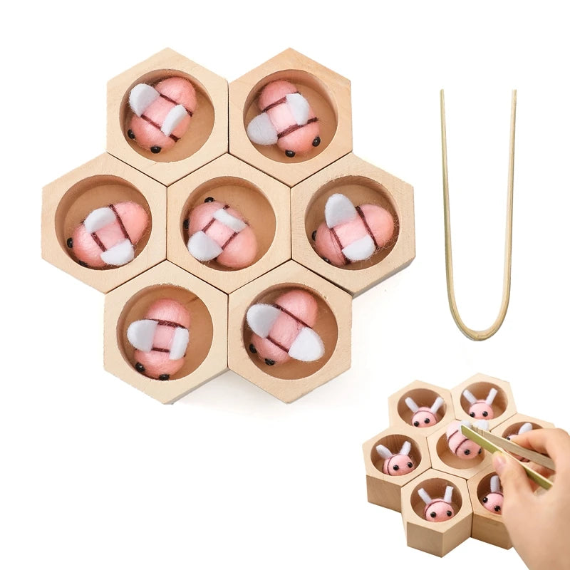 Montessori Honeycomb Wooden Bee Toy – Educational Beehive Toy with Tweezers, Color Matching, and Fine Motor Skill Development for Toddlers & Kids