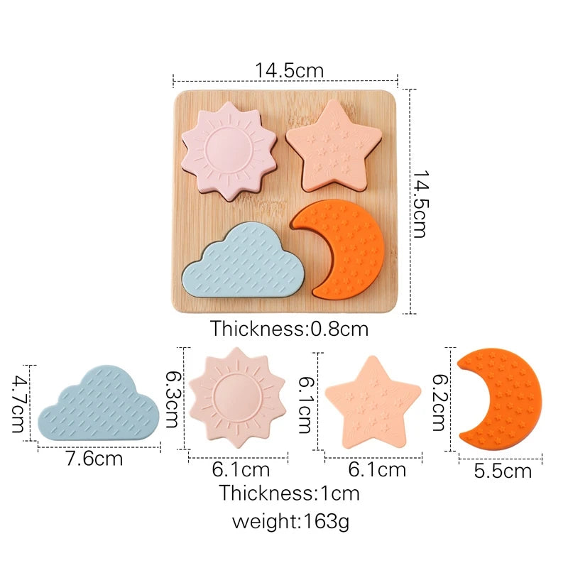 Montessori Puzzle Wooden Silicone Toy - Star, Moon, Sun, Cloud Shape Matching | BPA-Free Silicone Teething Toy for Babies | Educational & Developmental Toy for Toddlers (0-6 Years)
