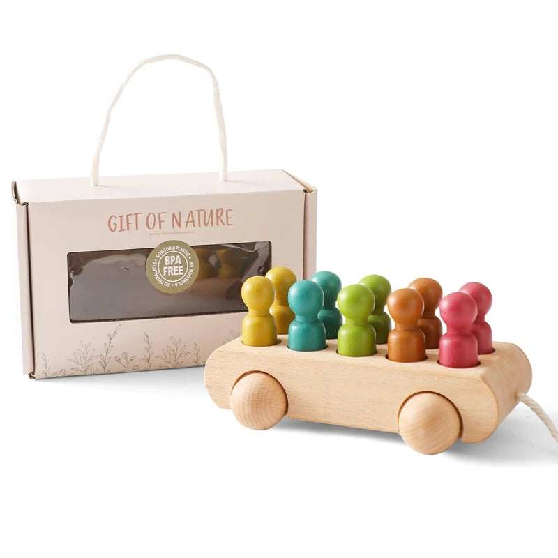 Wooden Montessori Toys for Babies – Beech Wood Hand Cart with 10pcs Peg Dolls | Educational Baby Toys & Nursery Decor Gift Set