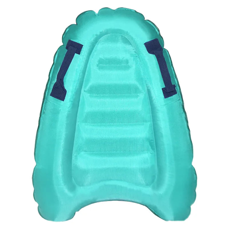 Turquoise inflatable pool float bodyboard with blue handles on a white background