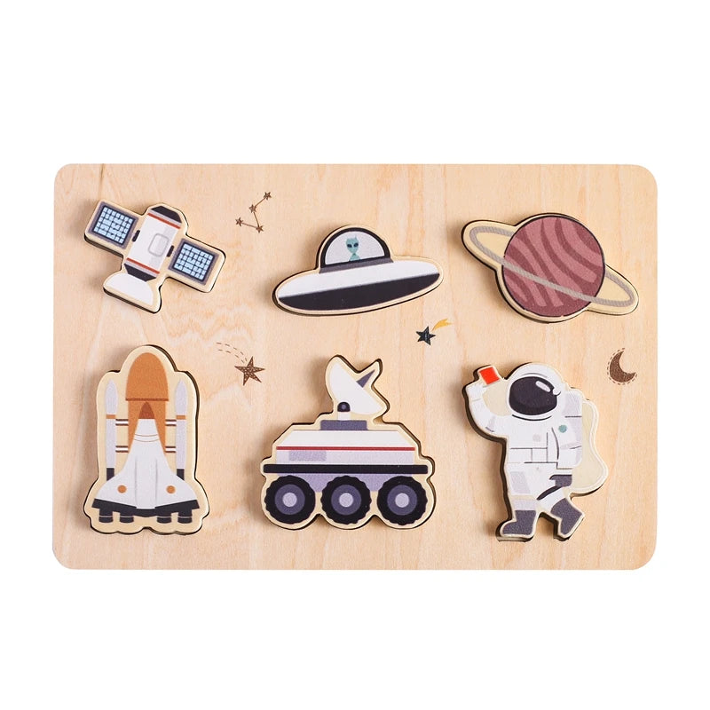 Montessori Baby Wooden Jigsaw Puzzle – Educational Cartoon Puzzle Toy with Forest, Ocean & Space Themes – Perfect Gift for Toddlers