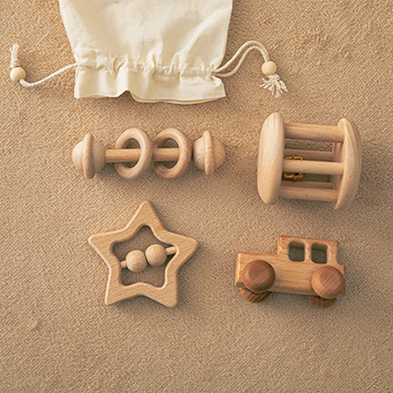 Wooden Montessori Toy Set for 0-12 Months – Baby Educational Toys with Rattle & Beech Car | Sensory Development & Comfort Gift for Newborns