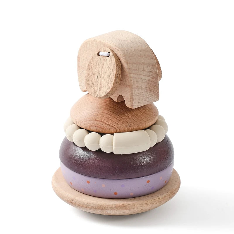 Montessori Baby Stacking Toy & Silicone Teether - Wooden Cartoon Lion Sensory Development Toy for Infants | 0-3 Years | Food-Grade Silicone Rattle Gift