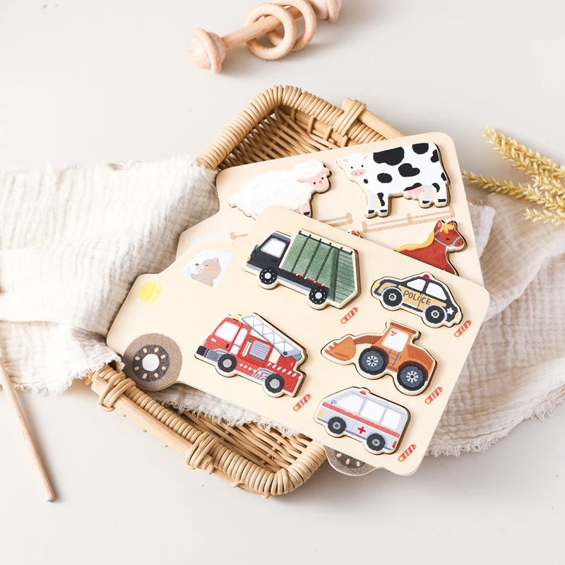 Montessori Baby Puzzle Toys - Wooden Farm & Car Puzzle | Sensory Educational Toy for Toddlers | Animal & Car Shape Matching Game for Cognitive Development | Baby's First Puzzle Gift