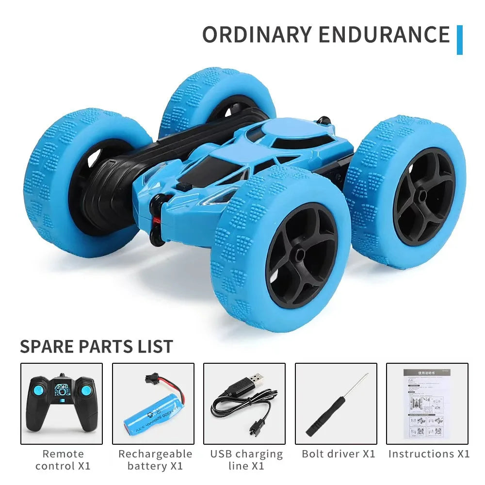 Blue remote control car with spare parts list on a white background