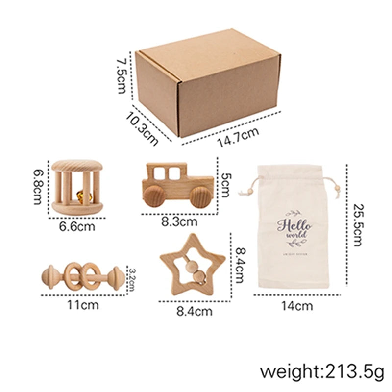 Wooden Montessori Toy Set for 0-12 Months – Baby Educational Toys with Rattle & Beech Car | Sensory Development & Comfort Gift for Newborns