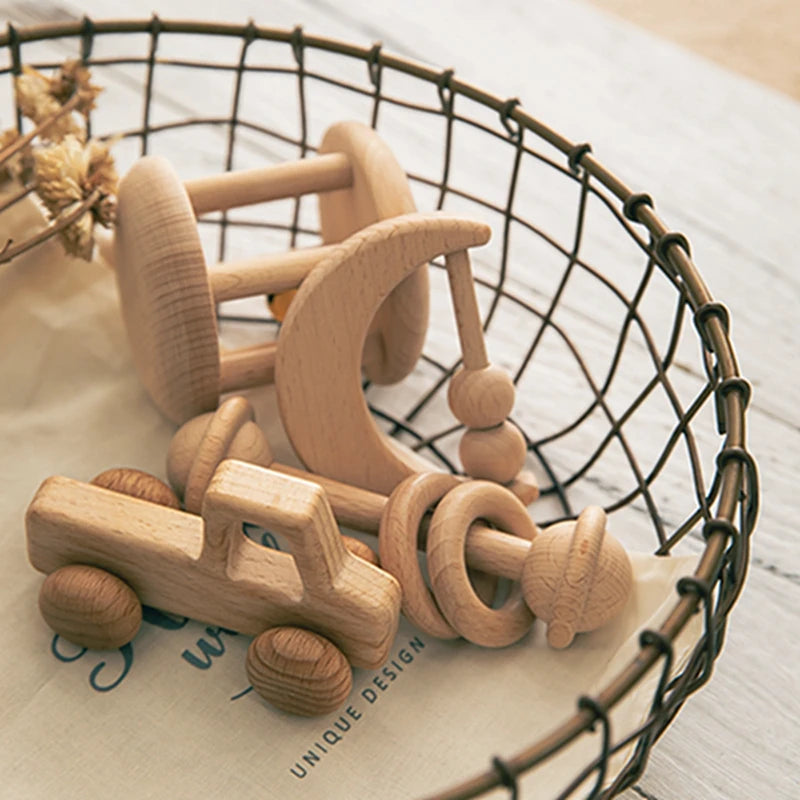 Wooden Montessori Toy Set for 0-12 Months – Baby Educational Toys with Rattle & Beech Car | Sensory Development & Comfort Gift for Newborns