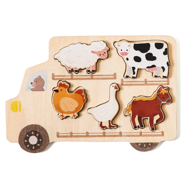 Montessori Baby Puzzle Toys - Wooden Farm & Car Puzzle | Sensory Educational Toy for Toddlers | Animal & Car Shape Matching Game for Cognitive Development | Baby's First Puzzle Gift