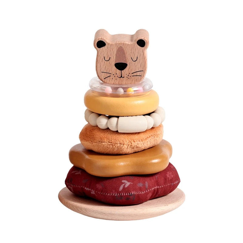 Montessori Baby Stacking Toy & Silicone Teether - Wooden Cartoon Lion Sensory Development Toy for Infants | 0-3 Years | Food-Grade Silicone Rattle Gift