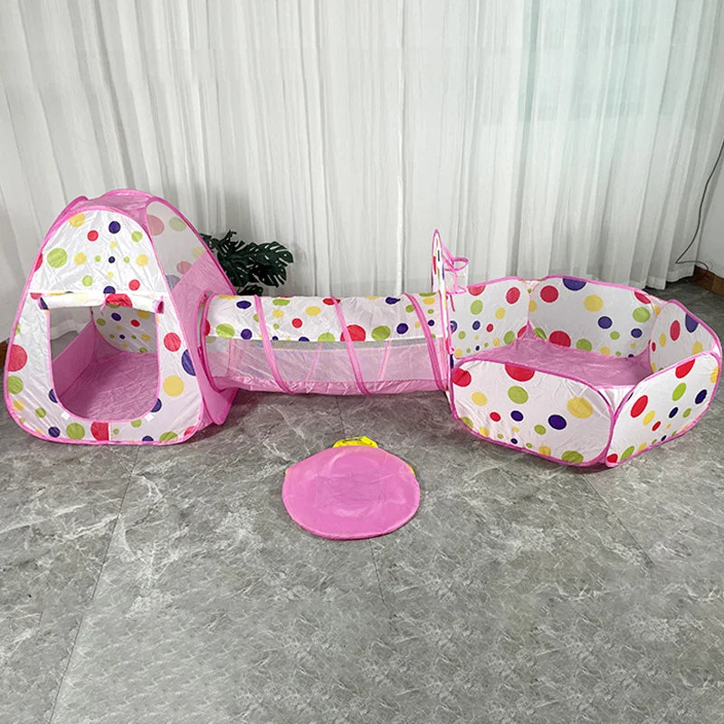 Colorful Polka Dots Pink Tent with ball bit and tunnel for toddlers and preschoolers