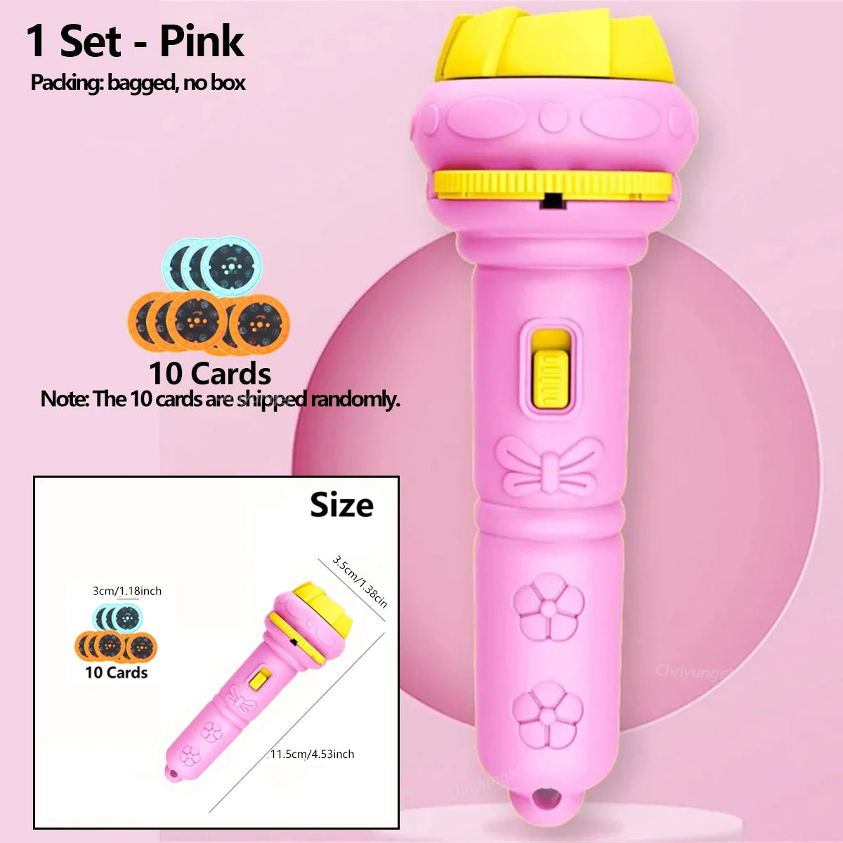 Pink and yellow toy Torch Projector with 10 Projector cards
