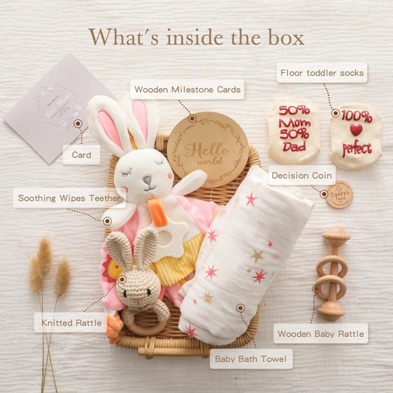 Baby Gift Set – Newborn Bath Toy, Wooden Rattle, Drool Towel, Baby Socks, Milestone Accessories & More – Unisex Newborn Essentials