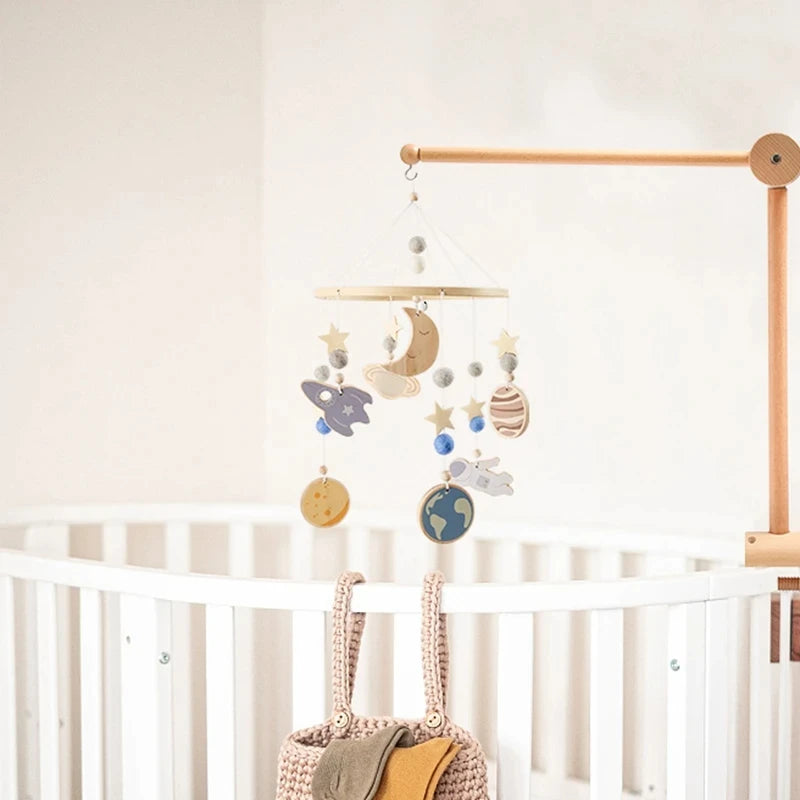 Felt Forest Animal Baby Cot Mobile with Wooden Arm – Natural Wooden Rattle Toy for Newborns
