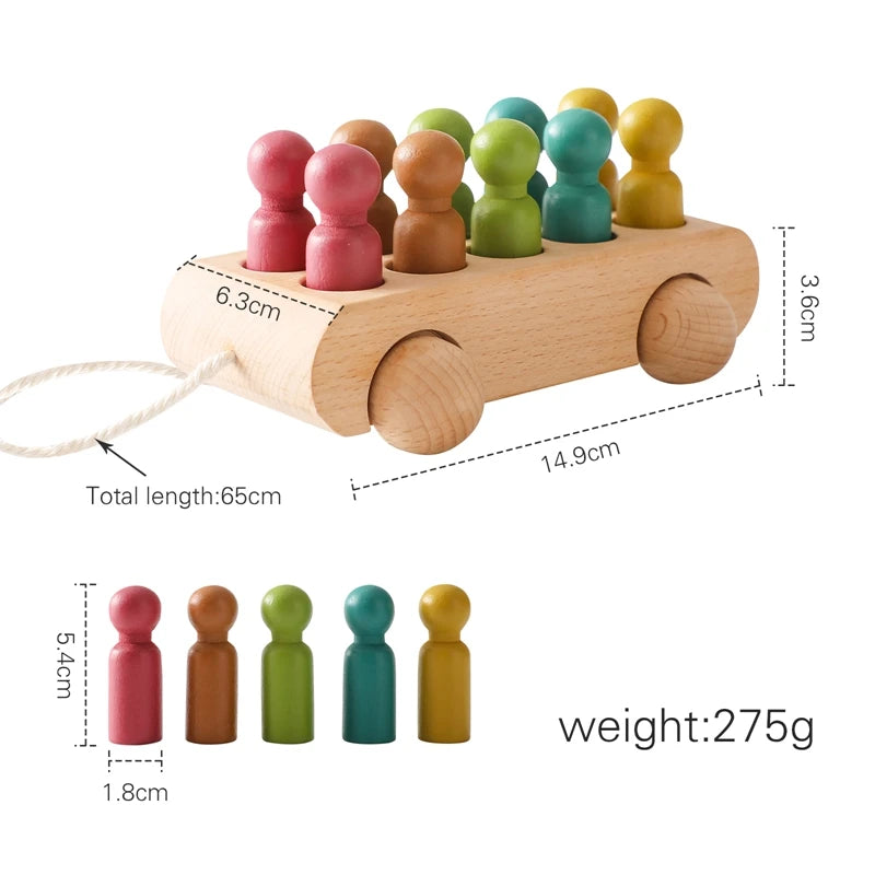 Wooden Montessori Toys for Babies – Beech Wood Hand Cart with 10pcs Peg Dolls | Educational Baby Toys & Nursery Decor Gift Set