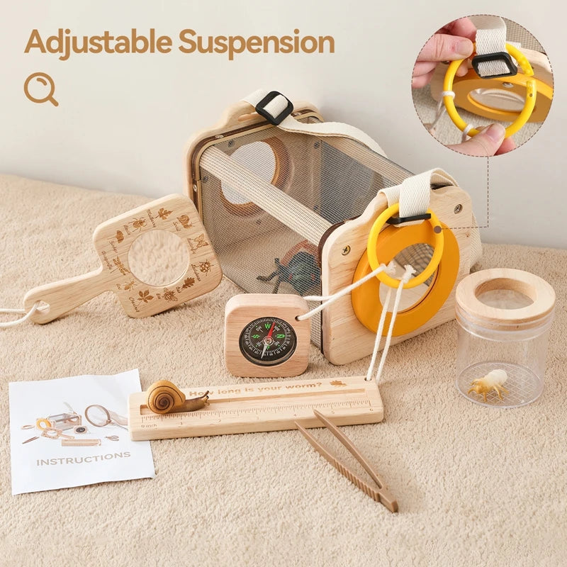 Outdoor Adventure Kit for Kids – 8PCS Nature Exploration Tools with Bug Net, Insect Cage, Wooden Leaf Frame, Magnifying Glass & Compass