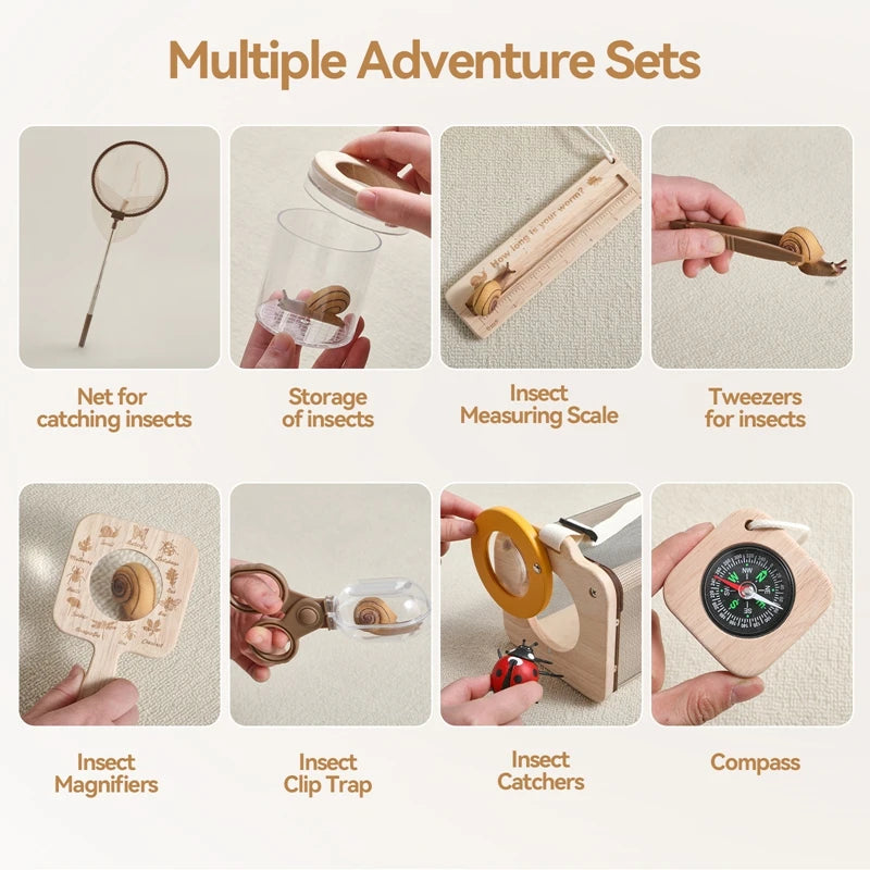 Outdoor Adventure Kit for Kids – 8PCS Nature Exploration Tools with Bug Net, Insect Cage, Wooden Leaf Frame, Magnifying Glass & Compass