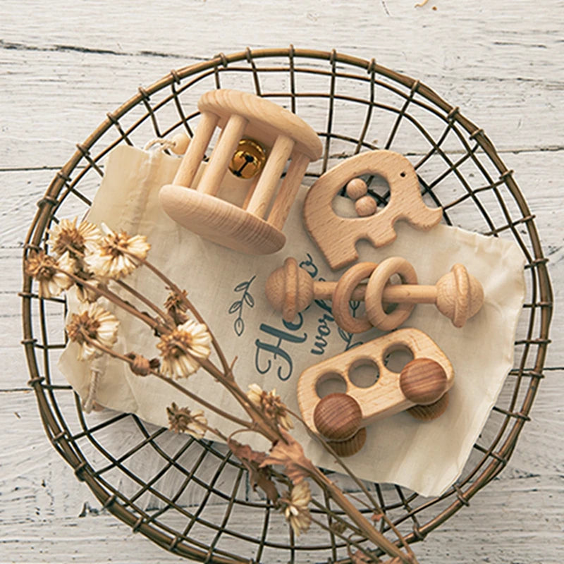 Wooden Montessori Toy Set for 0-12 Months – Baby Educational Toys with Rattle & Beech Car | Sensory Development & Comfort Gift for Newborns