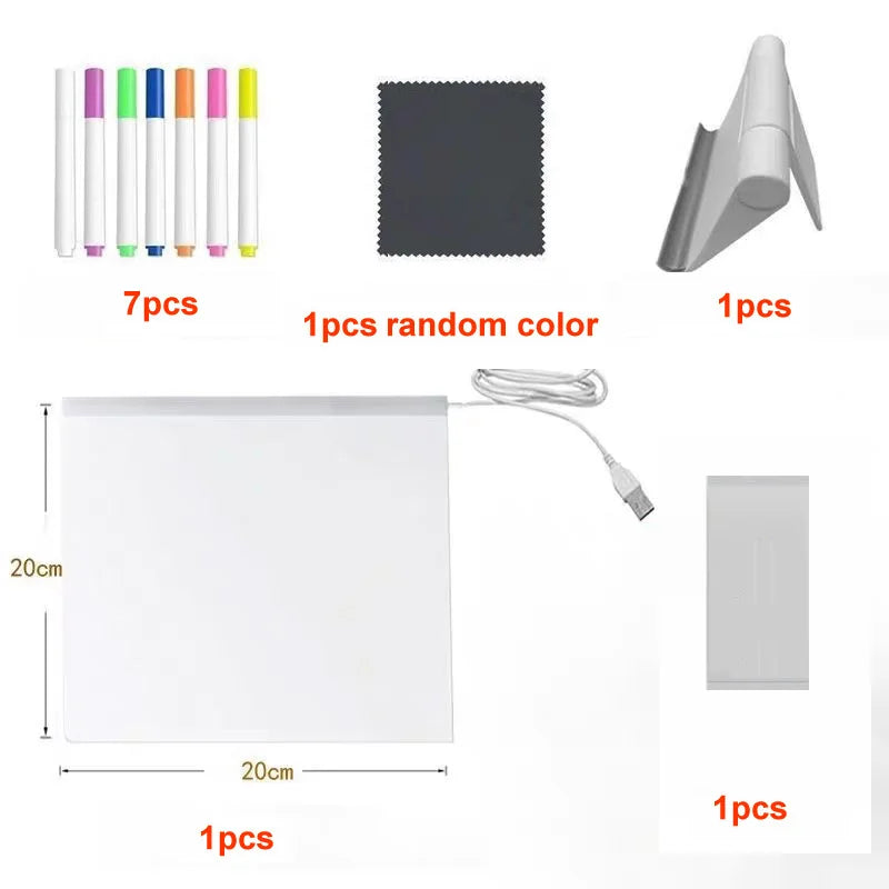 Set of LED drawing light panels with markers, cloth, and power cable on a white background