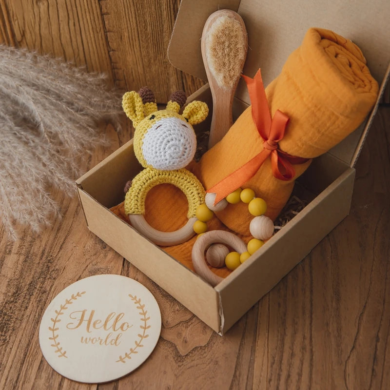 Premium Baby Gift Set – Newborn Bath Toy, Drool Towel, Wooden Rattle & More | Perfect for Baby Showers & New Parents