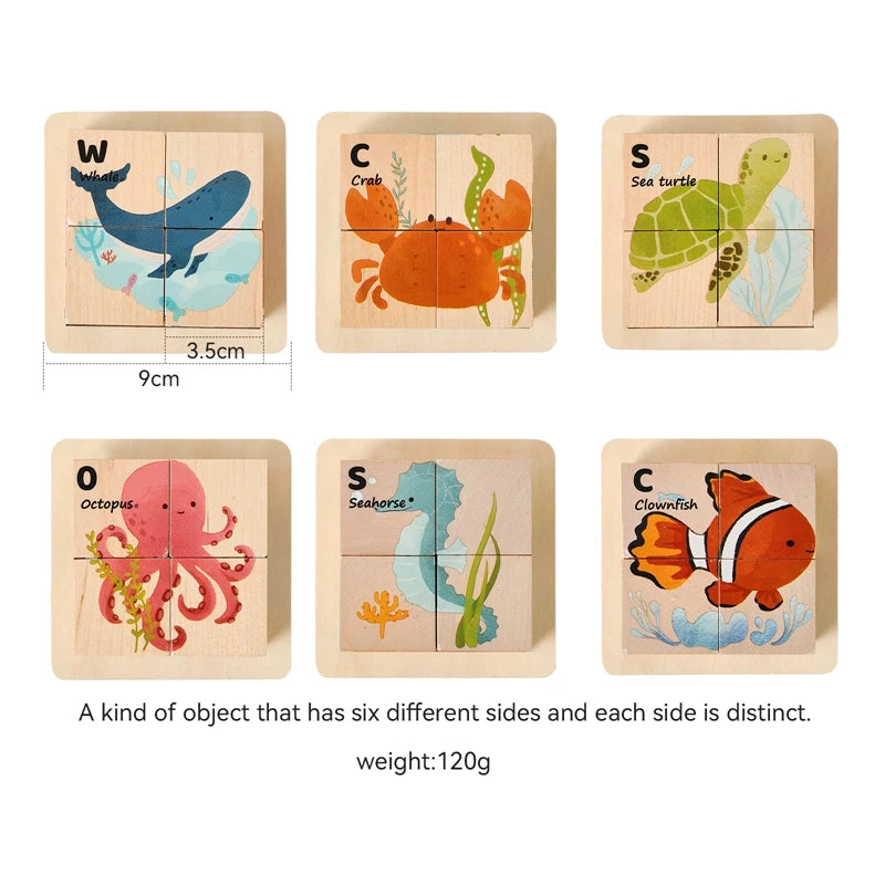 Baby Wooden Blocks Puzzle Toy – 6-Sided Cube Jigsaw Game for Early Learning & Montessori Education