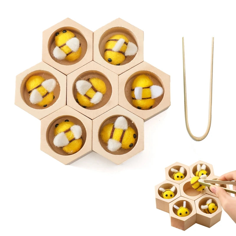 Montessori Honeycomb Wooden Bee Toy – Educational Beehive Toy with Tweezers, Color Matching, and Fine Motor Skill Development for Toddlers & Kids