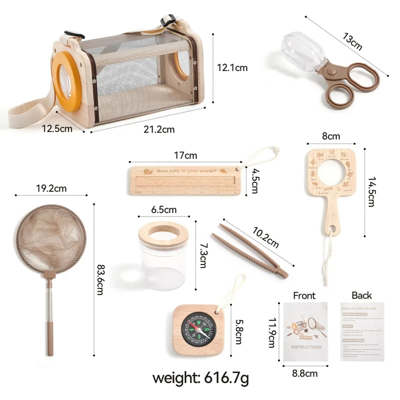 Outdoor Adventure Kit for Kids – 8PCS Nature Exploration Tools with Bug Net, Insect Cage, Wooden Leaf Frame, Magnifying Glass & Compass