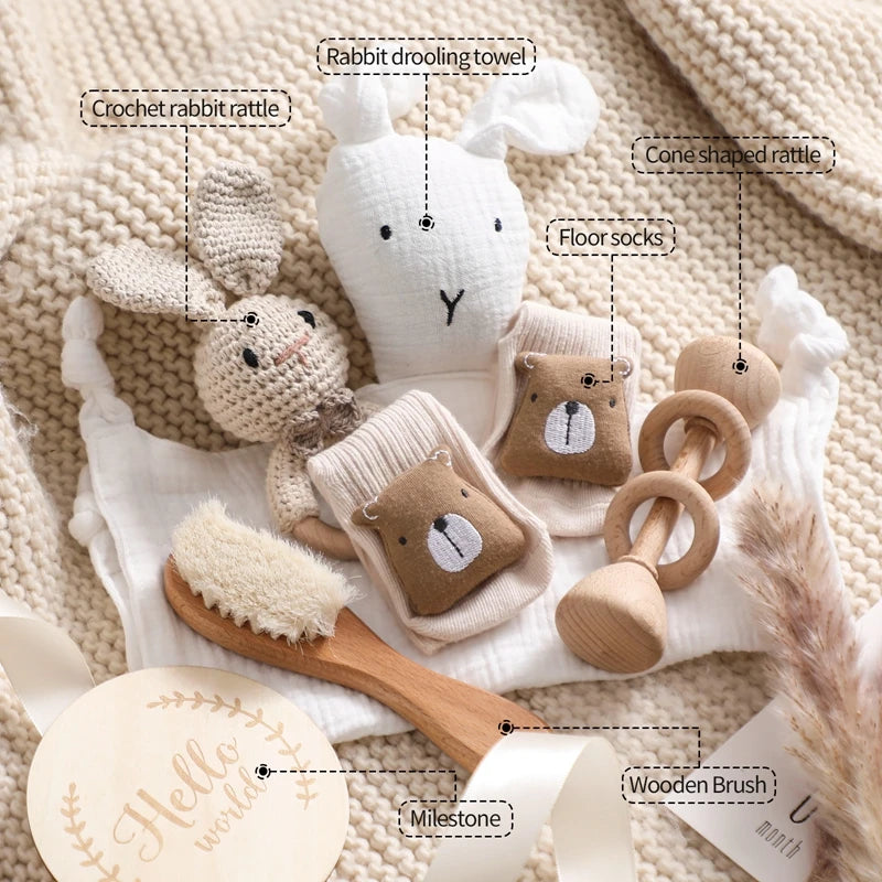Premium Baby Gift Set – Newborn Bath Toy, Drool Towel, Wooden Rattle & More | Perfect for Baby Showers & New Parents