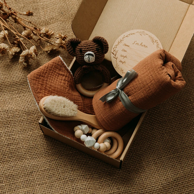 Premium Baby Gift Set – Newborn Bath Toy, Drool Towel, Wooden Rattle & More | Perfect for Baby Showers & New Parents
