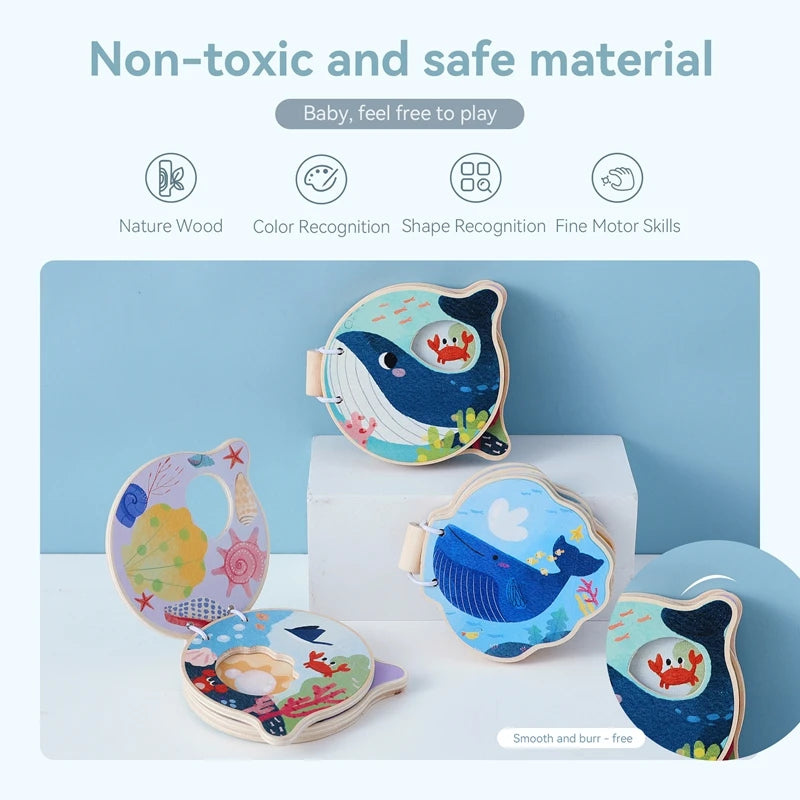 Montessori Wooden Book Toy – Ocean-Themed Cognitive Learning Toy for Toddlers | Marine Animal Educational Toy & Parent-Child Interactive Game