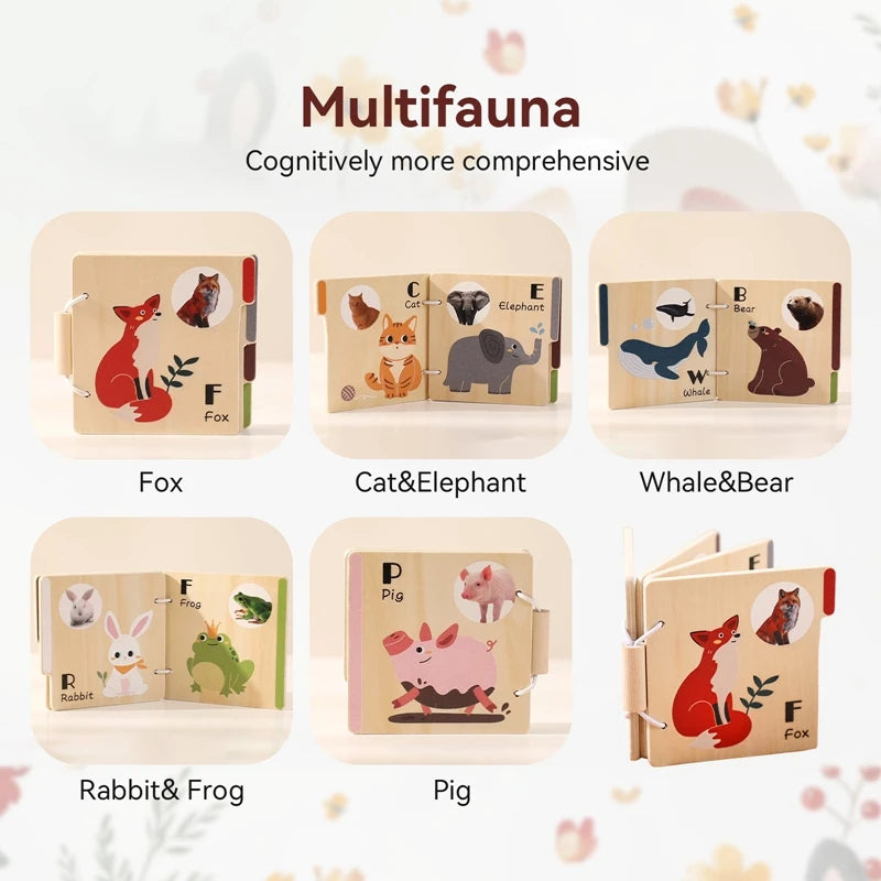 0–36 Month Baby Early Learning Wooden Animal Book – Montessori Educational Toy for Newborns & Toddlers