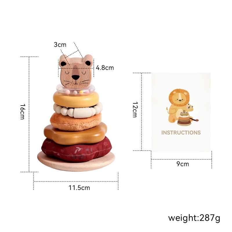 Montessori Baby Stacking Toy & Silicone Teether - Wooden Cartoon Lion Sensory Development Toy for Infants | 0-3 Years | Food-Grade Silicone Rattle Gift
